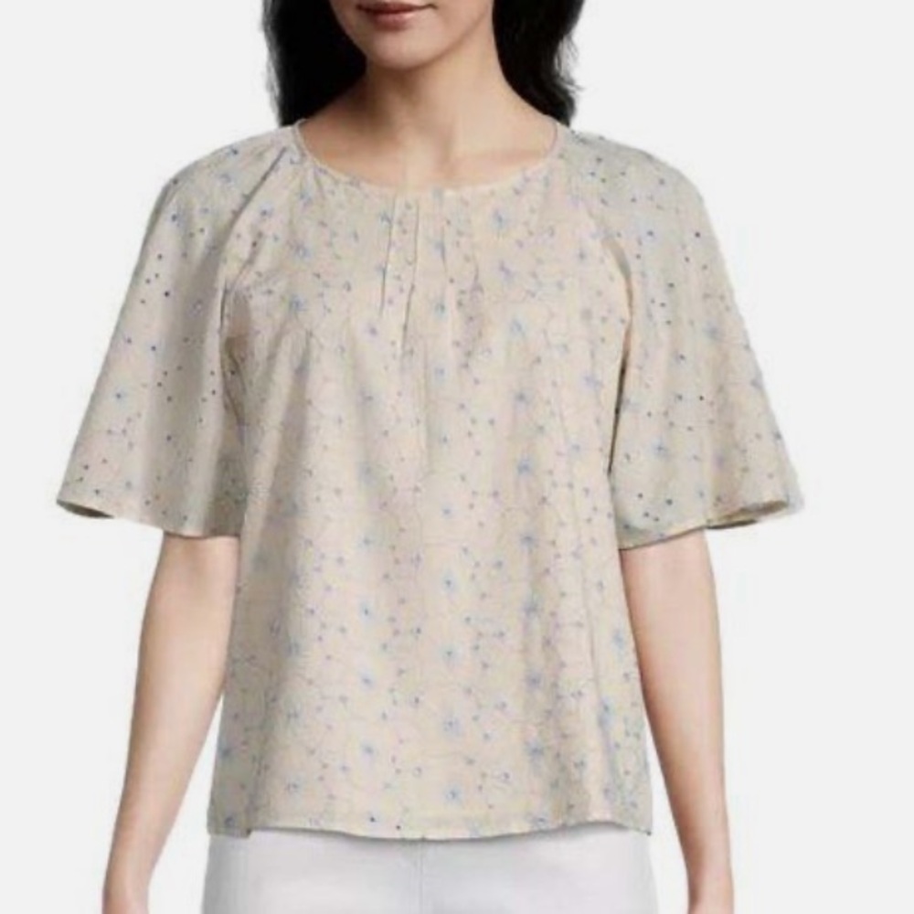Ann Taylor Floral Eyelet Blue Cream Top, Size L